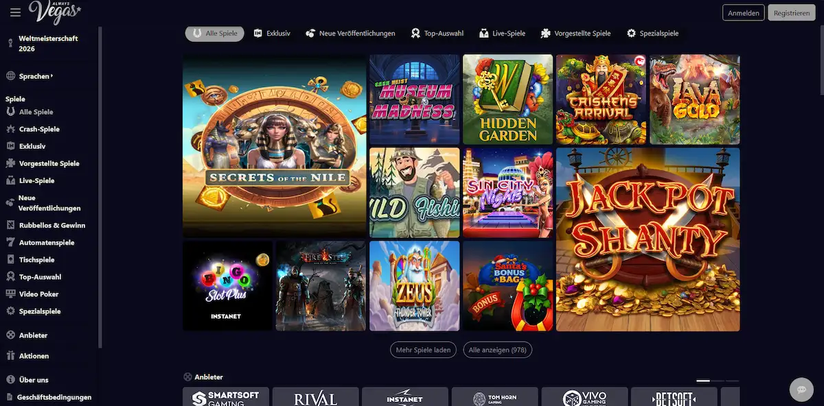 Startseite von Always Vegas Casino mit Spielübersicht