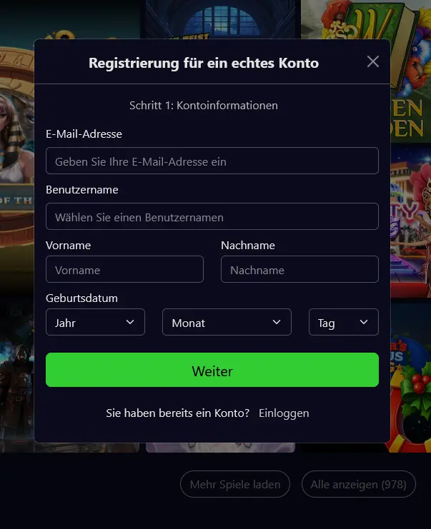Registrierungsformular bei Always Vegas Casino
